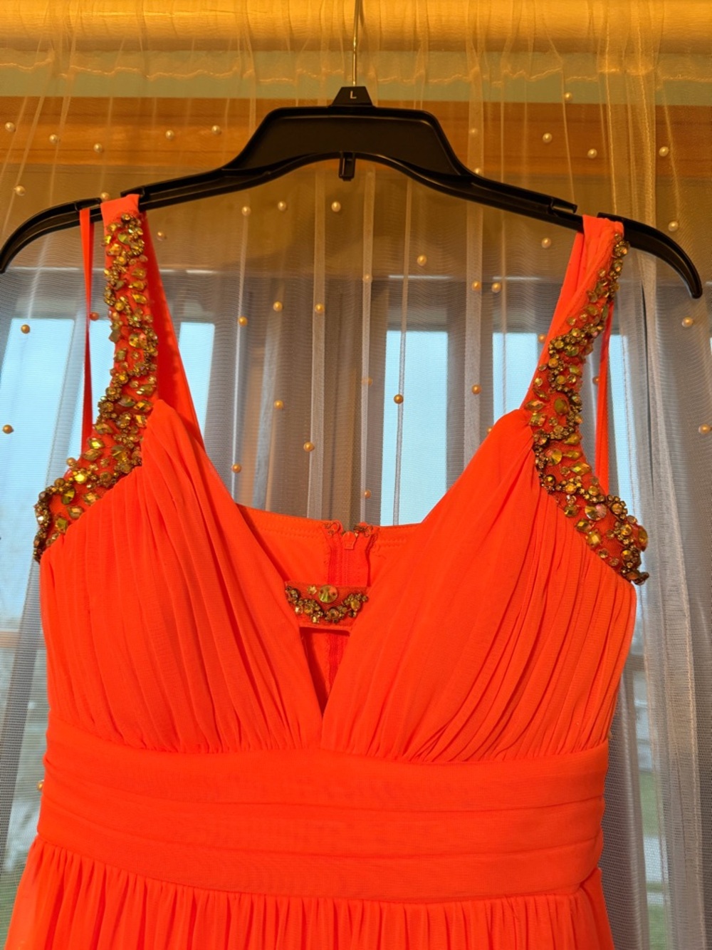 Bright Orange Formal Dress – Beaded Straps – Floor Length – Size 3